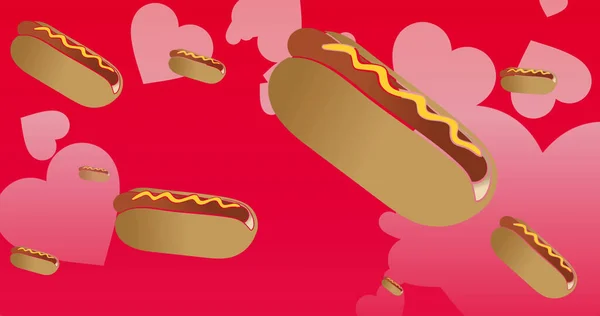 Image Hotdogs Rising Pink Hearts Red Background Food Nutrition Concept — Stock Photo, Image