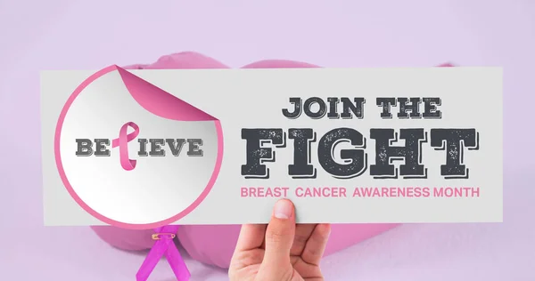 Bild Des Rosafarbenen Logos Mit Brustkrebs Text Über Boxhandschuhen Konzept — Stockfoto