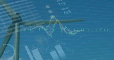 Mavi arka planda istatistik ve veri işleme animasyonu. Çevre, yenilenebilir enerji ve sürdürülebilirlik kavramı dijital olarak oluşturulmuş video.