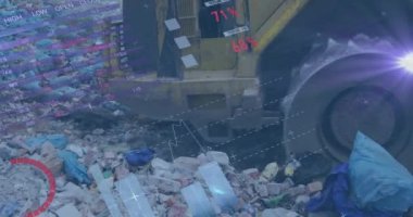 Atık toplama alanında buldozer üzerinde veri işleme animasyonu. küresel çevre, atık imhası ve sürdürülebilirlik kavramı dijital olarak oluşturulmuş video.