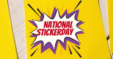 Kırmızı harflerle ulusal çıkartma gününün retro konuşma balonu ve sarı notlar üzerindeki animasyonu. Ulusal çıkartma günü konsepti dijital olarak oluşturulmuş video.