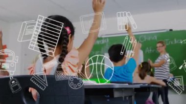 Okuldaki çeşitli okul öğrencileri üzerine düşen okul malzemelerinin animasyonu. öğrenim ve eğitim kavramı dijital olarak oluşturulmuş video.