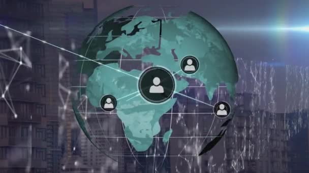 Animacja Sieci Połączeń Ikonami Globusem Nad Krajobrazem Miasta Globalny Biznes — Wideo stockowe