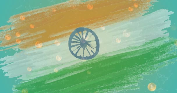 Animasi Simbol Bitcoin Yang Mengalir Atas Bendera India Latar Belakang — Stok Video