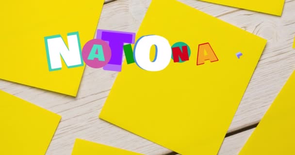 Animação Dia Etiqueta Nacional Letras Multicoloridas Sobre Notas Memória Amarelas — Vídeo de Stock