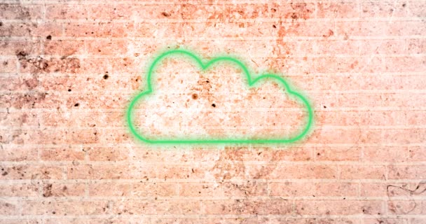 Анімація Сяючої Піктограми Неонової Хмари Цегляній Стіні Соціальні Мережі Концепція — стокове відео