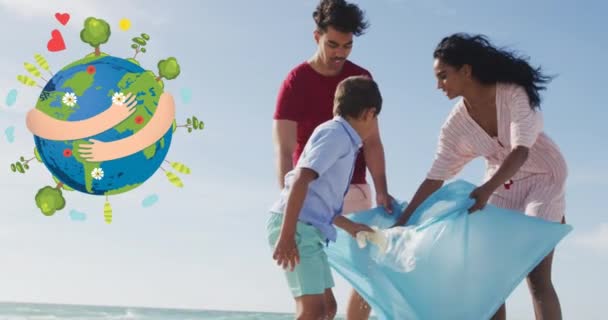 Animação Abraçar Logotipo Globo Sobre Pais Hispânicos Sorridentes Filho Pegando — Vídeo de Stock