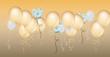 Turuncu arka planda sallanan altın ve kalp balonları. parti ve kutlama konsepti dijital olarak oluşturulmuş görüntü.