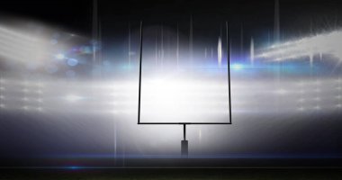 Amerikan futbolunun kale direkleri ve selle aydınlanan stadyumdaki bulutlu gökyüzü. Spor, rekabet, Amerikan futbolu konsepti dijital olarak üretilen imaj.