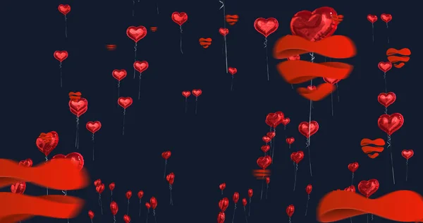 黒い背景に浮かぶハート型の風船の上に赤い光の道のデジタル画像 バレンタインデーハートラブイラストコンセプト — ストック写真