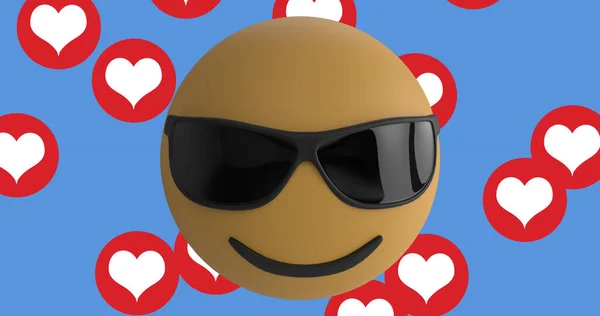 Twarz Nosząca Okulary Przeciwsłoneczne Emoji Wielu Ikonach Czerwonego Serca Niebieskim — Zdjęcie stockowe