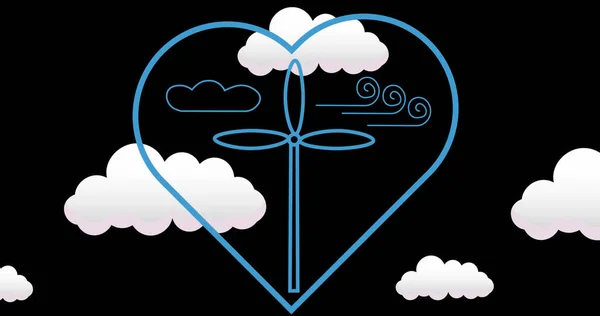 Εικόνα Της Ανεμογεννήτριας Στην Καρδιά Πάνω Από Σύννεφα Μαύρο Φόντο — Φωτογραφία Αρχείου