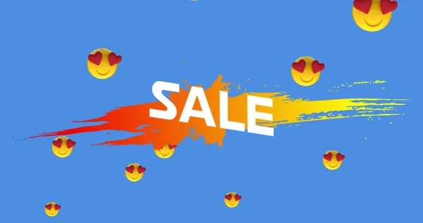 Obrázek Prodeje Text Oranžové Splodge Geometrické Tvary Červeným Srdcem Emojis — Stock fotografie