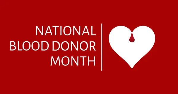 国家献血月图文与心脏和滴血标志 红色背景 献血月提高认识运动概念数码生成的图像 — 图库照片