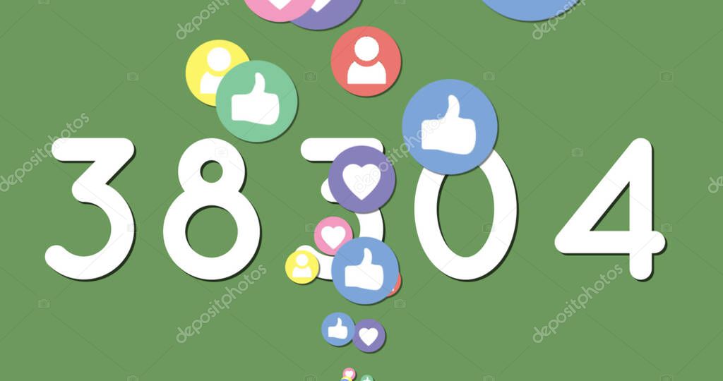 Image of floating digital emoji icons over numbers increasing on the green background. Social networking global connections concept digitally generated image.