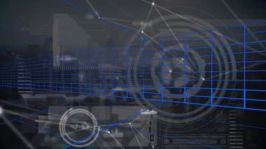 Karanlık arkaplan üzerinde bağlantılar ve simgeler ağının animasyonu. küresel bağlantılar, iş dünyası, dijital arayüz, teknoloji ve ağ konsepti dijital olarak oluşturulmuş video.