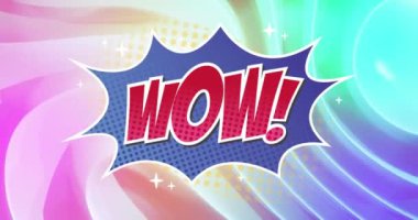 Eflatun konuşma balonu ve gökkuşağı arkaplanı üzerinde retro wow metnin animasyonu. Vintage iletişim konsepti dijital olarak oluşturulmuş video.