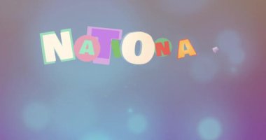 Çoklu renkli harflerle ulusal çıkartma gününün ışık lekeleri üzerindeki animasyonu. Ulusal çıkartma günü konsepti dijital olarak oluşturulmuş video.