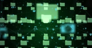 Bağlantı ağının canlandırılması ve siyah arkaplan üzerindeki simgeler. küresel bağlantılar, iş dünyası, dijital arayüz, teknoloji ve ağ konsepti dijital olarak oluşturulmuş video.