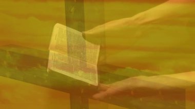 Kafkas kadının haç ve bulutların üzerinde İncil okuduğu animasyon. din ve inanç kavramı dijital olarak oluşturulan video.