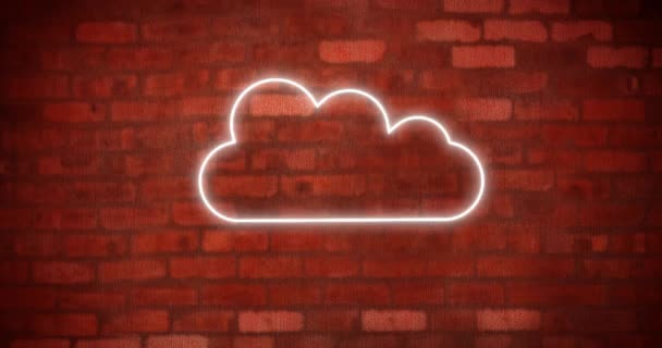 Animacja Świecącej Neonowej Ikony Chmur Ceglanej Ścianie Media Społecznościowe Koncepcja — Wideo stockowe
