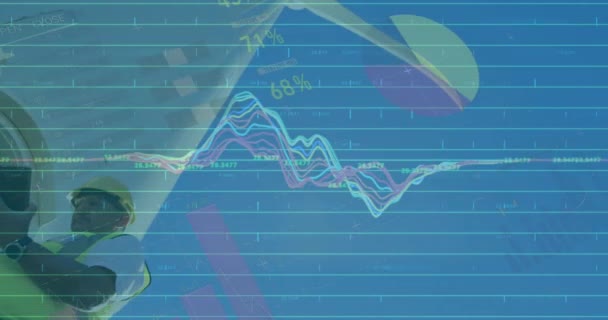 Animering Statistik Och Databehandling Över Vindkraftverk Och Ingenjör Blå Bakgrund — Stockvideo