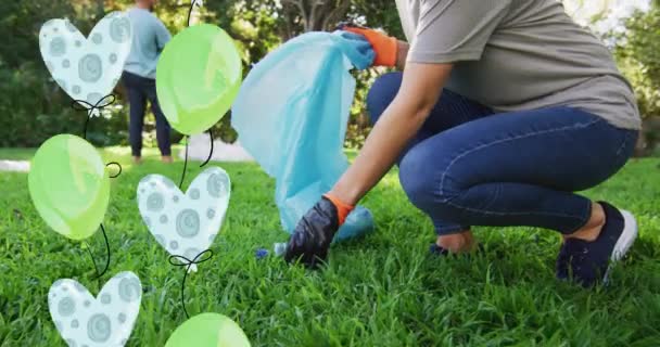 Animation Balloons Happy Caucasian Woman Picking Rubbish Countryside Eco Conservation — Stock Video