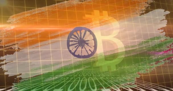 Animación Bitcoin Símbolo Codificación Binaria Sobre Bandera India Fondo Concepto — Vídeo de stock