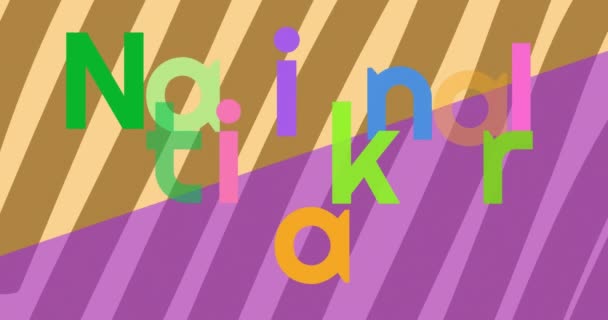 用彩色字母在紫色和黄色条纹上动画的国家贴纸日 国家贴纸日概念数码制作视频 — 图库视频影像