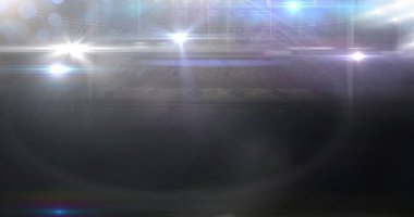 Stadyumdaki bulanık hareket eden ışıklar ve bokeh ışıklı noktalar. Spor ve rekabet, dijital olarak oluşturulmuş imaj.