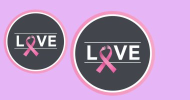 Beyaz arka planda birden fazla pembe kurdele logosu ve aşk metni görünüyor. Göğüs kanseri pozitif farkındalık kampanyası konsepti dijital olarak oluşturuldu.