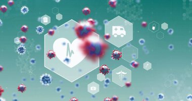 Yeşil zemin üzerinde beyaz tıp simgeleriyle birlikte makro Covid-19 hücrelerinin resmi. Coronavirus Covid-19 pandemik konsept dijital bileşik.