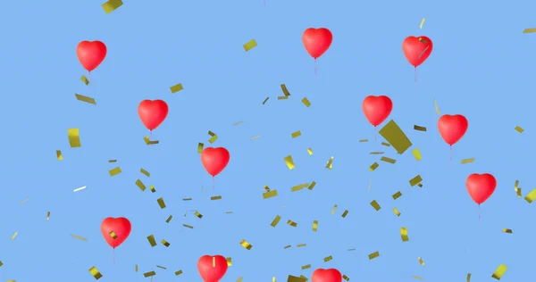 Image Confettis Dorés Tombant Sur Plusieurs Ballons Forme Coeur Flottant — Photo
