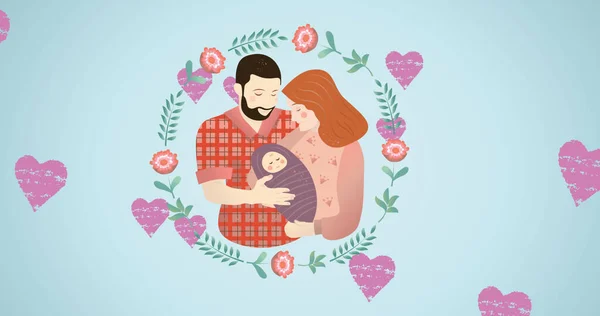 Зображення Щасливої Матері Батька Тримає Дитину Квітковій Рамці Рожевими Серцями — стокове фото