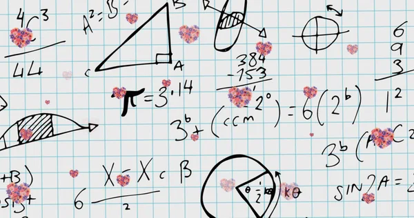 Изображение Сердец Падающих Над Математическими Уравнениями Школьной Тетради Обучение Математика — стоковое фото