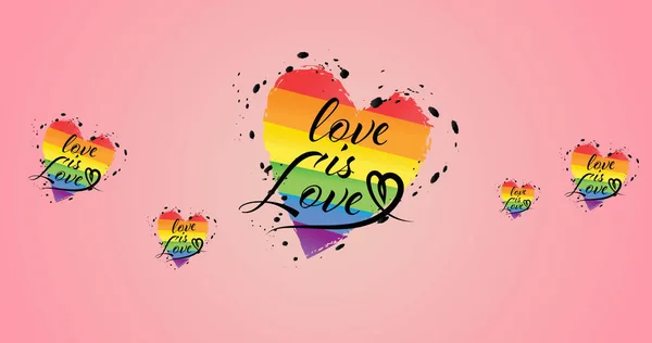 爱情的形象是蓝色背景上的爱情文本和彩虹的心 Lgbtq自豪与平等庆祝概念数字生成的图像 — 图库照片