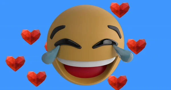 Emoji Cara Sonriente Sobre Múltiples Iconos Rojos Del Corazón Contra — Foto de Stock