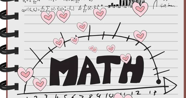 Imagen Corazones Cayendo Sobre Ecuaciones Matemáticas Cuaderno Escuela Aprendizaje Matemáticas — Foto de Stock