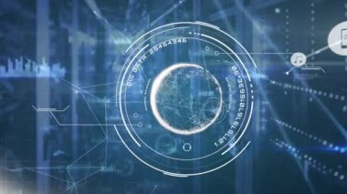 Sunucu odasındaki simgeler ve veri işleme ağı animasyonu. küresel iş, finans, bağlantılar ve dijital arayüz konsepti dijital olarak oluşturulmuş video.