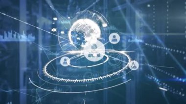 Sunucu odasındaki simgelerle ve taramalarla bağlantı ağının animasyonu. küresel iş, finans, bağlantılar ve dijital arayüz konsepti dijital olarak oluşturulmuş video.