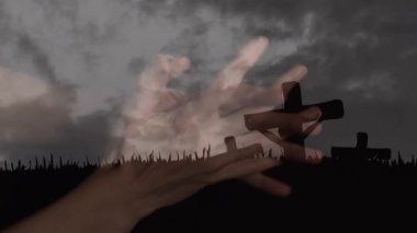 Kafkas kadının haçlar ve bulutlar üzerinde dua edişinin animasyonu. din ve inanç kavramı dijital olarak oluşturulan video.