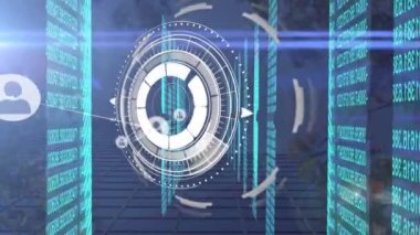 Ağaçlar üzerinde tarama yapan simgelerle ve kapsamıyla bağlantı ağının animasyonu. küresel iş, finans, bağlantılar ve dijital arayüz konsepti dijital olarak oluşturulmuş video.