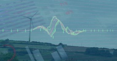 Mavi arka planda rüzgar türbini üzerinde istatistik ve veri işleme animasyonu. Çevre, yenilenebilir enerji ve sürdürülebilirlik kavramı dijital olarak oluşturulmuş video.