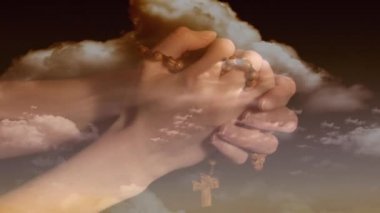 Bulutların üstünde tespih çeken beyaz bir kadının canlandırması. din ve inanç kavramı dijital olarak oluşturulan video.