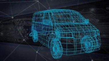 Üç boyutlu araba modeli üzerinde bağlantı ve simge ağının animasyonu. küresel bağlantılar, iş dünyası, dijital arayüz, teknoloji ve ağ konsepti dijital olarak oluşturulmuş video.