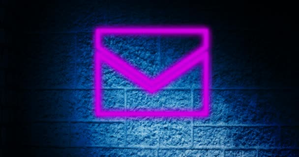 Animation Glowing Neon Envelope Icon Brick Wall Social Media Communication — Stock Video