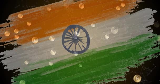 Animation Von Bitcoin Symbolen Die Über Die Flagge Indiens Hintergrund — Stockvideo