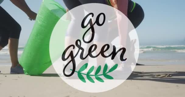 Animering Grön Text Och Logotyp Över Låg Del Olika Grupp — Stockvideo