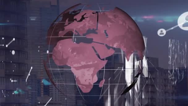 Animáció Hálózat Kapcsolatok Ikonok Földgömb Épületek Felett Globális Üzleti Pénzügyek — Stock videók