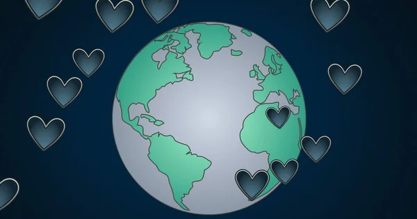 Image Globe Des Cœurs Sur Fond Bleu Foncé Environnement Durabilité — Photo